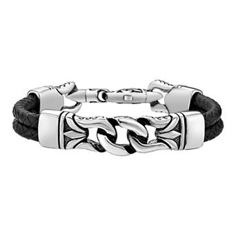 Men's LYNX Black Ion-Plated Stainless Steel Black Leather Bracelet