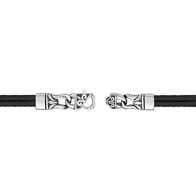 Men's LYNX Black Ion-Plated Stainless Steel Black Leather Bracelet 