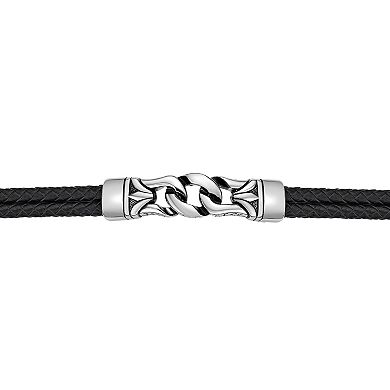 Men's LYNX Black Ion-Plated Stainless Steel Black Leather Bracelet 