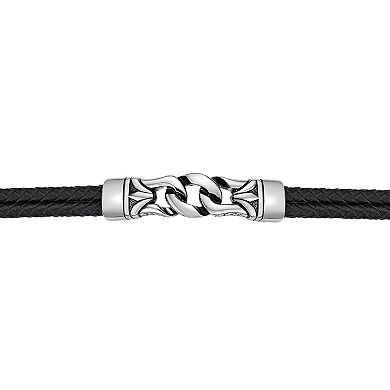 Men's LYNX Black Ion-Plated Stainless Steel Black Leather Bracelet