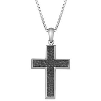 Men's LYNX Black Ion-Plated Stainless Steel Hammered Cross Pendant Necklace