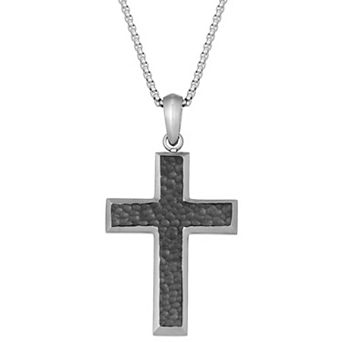 Men's LYNX Black Ion-Plated Stainless Steel Hammered Cross Pendant Necklace