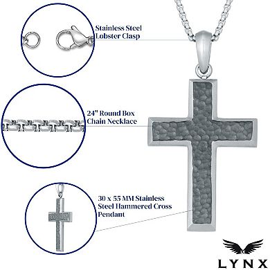 Men's LYNX Black Ion-Plated Stainless Steel Hammered Cross Pendant Necklace 