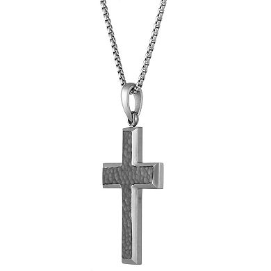 Men's LYNX Black Ion-Plated Stainless Steel Hammered Cross Pendant Necklace 