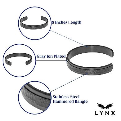Men's LYNX Gray Ion-Plated Stainless Steel Hammered Cuff Bangle Bracelet