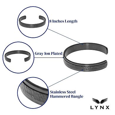 Men's LYNX Gray Ion-Plated Stainless Steel Hammered Cuff Bangle Bracelet 