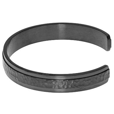 Men's LYNX Gray Ion-Plated Stainless Steel Hammered Cuff Bangle Bracelet 