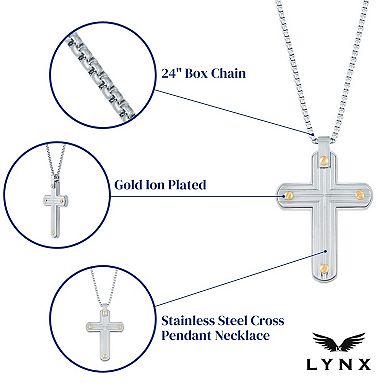 Men's LYNX Gold Tone Ion-Plated Stainless Steel Cross Pendant Necklace 