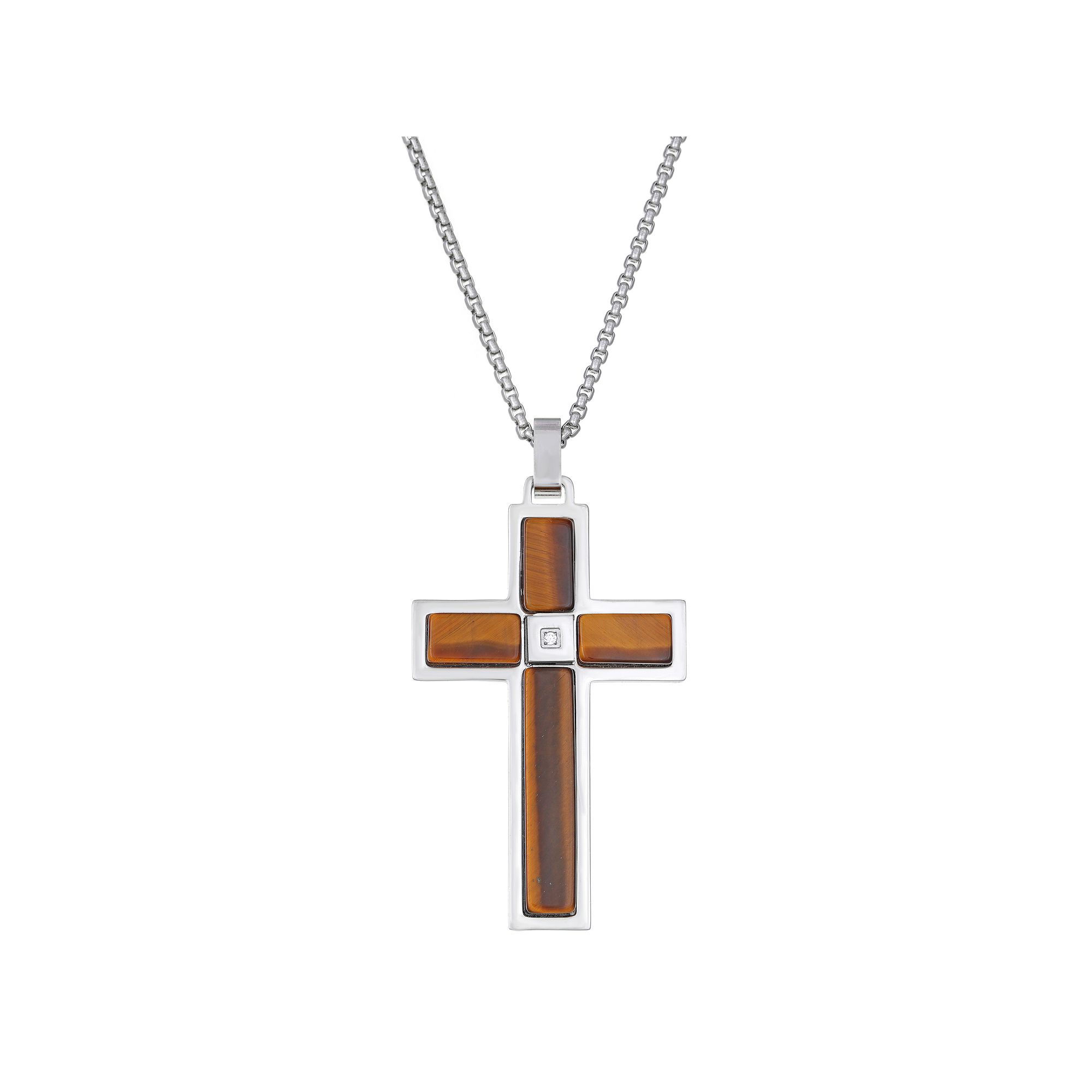Mens LYNX Stainless Steel Cubic Zirconia Cross Pendant Necklace, Size: 24