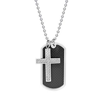 Men's LYNX Stainless Steel Carbon Fiber Inlay Dog Tag & Cross Pendant Necklace