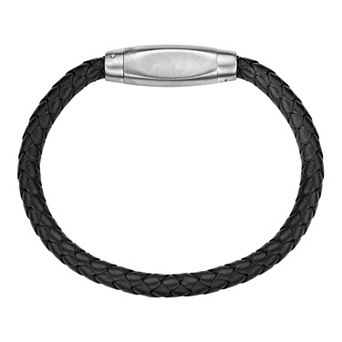Men's LYNX Stainless Steel Braided Black Leather Bracelet