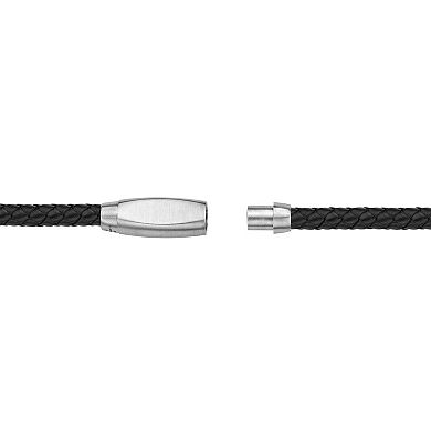 Men's LYNX Stainless Steel Braided Black Leather Bracelet