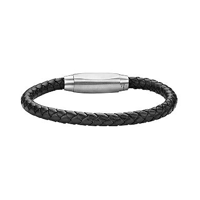 Men's LYNX Stainless Steel Braided Black Leather Bracelet