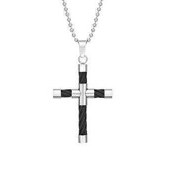 Men's LYNX Stainless Steel Cable Cross Pendant Necklace