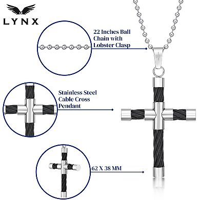 Men's LYNX Stainless Steel Cable Cross Pendant Necklace