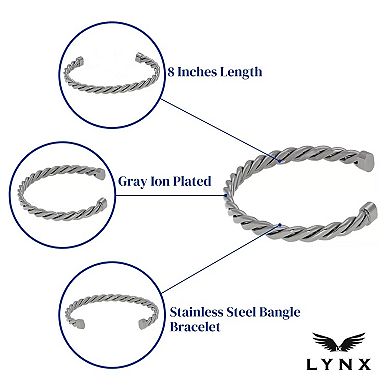 Men's LYNX Gray Ion-Planted Stainless Steel Cuff Bangle Bracelet 