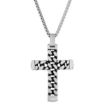 Men's LYNX Stainless Steel Curb Chain Cross Pendant Necklace