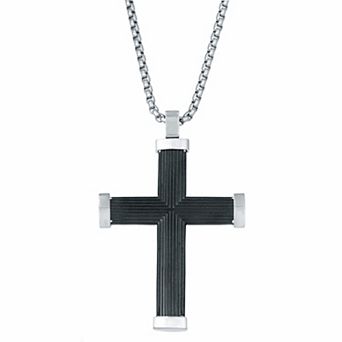 Men's LYNX Black Ion-Plated Stainless Steel Box Chain Cross Pendant Necklace