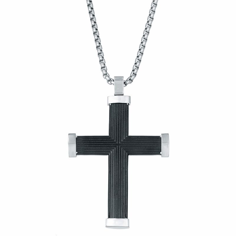 Mens LYNX Black Ion-Plated Stainless Steel Box Chain Cross Pendant Neckla