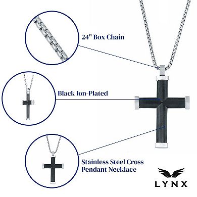 Men's LYNX Black Ion-Plated Stainless Steel Box Chain Cross Pendant Necklace