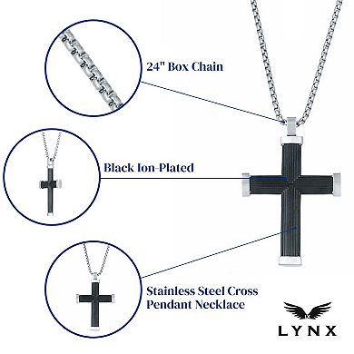 Men's LYNX Black Ion-Plated Stainless Steel Box Chain Cross Pendant Necklace 
