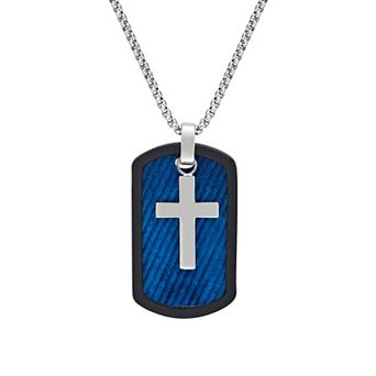 Men's LYNX Blue Ion-Plated Stainless Steel Cross Dog Tag Pendant Necklace