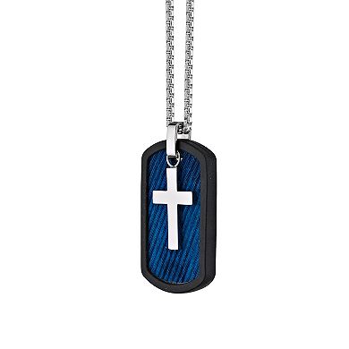 Men's LYNX Blue Ion-Plated Stainless Steel Cross Dog Tag Pendant Necklace