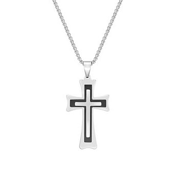 Men's LYNX Black Ion-Plated Stainless Steel 3 Layer Cross Pendant Necklace