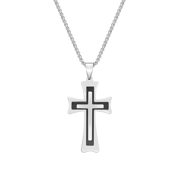 Men's LYNX Black Ion-Plated Stainless Steel 3 Layer Cross Pendant Necklace