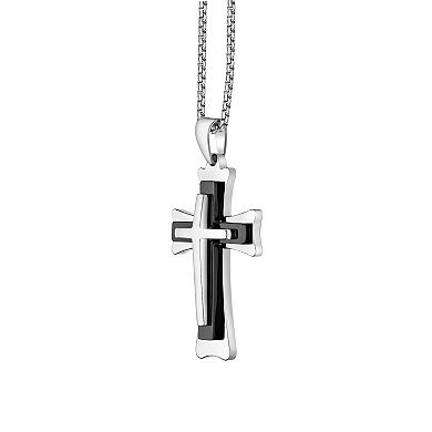 Men's LYNX Black Ion-Plated Stainless Steel 3 Layer Cross Pendant Necklace