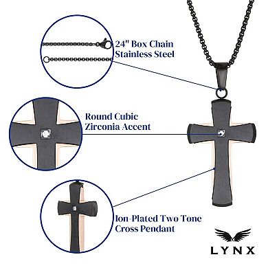 Men's LYNX Two Tone Stainless Steel Cross Pendant Necklace 