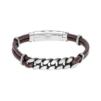 Men's LYNX Stainless Steel & Brown Leather Adjustable Bracelet