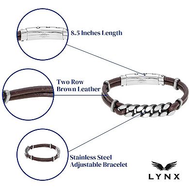 Men's LYNX Stainless Steel & Brown Leather Adjustable Bracelet 