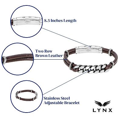 Men's LYNX Stainless Steel & Brown Leather Adjustable Bracelet
