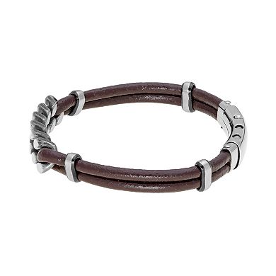 Men's LYNX Stainless Steel & Brown Leather Adjustable Bracelet
