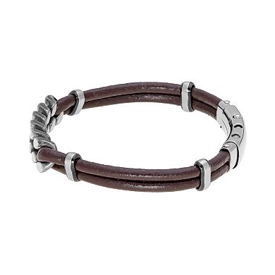 Men's LYNX Stainless Steel & Brown Leather Adjustable Bracelet 