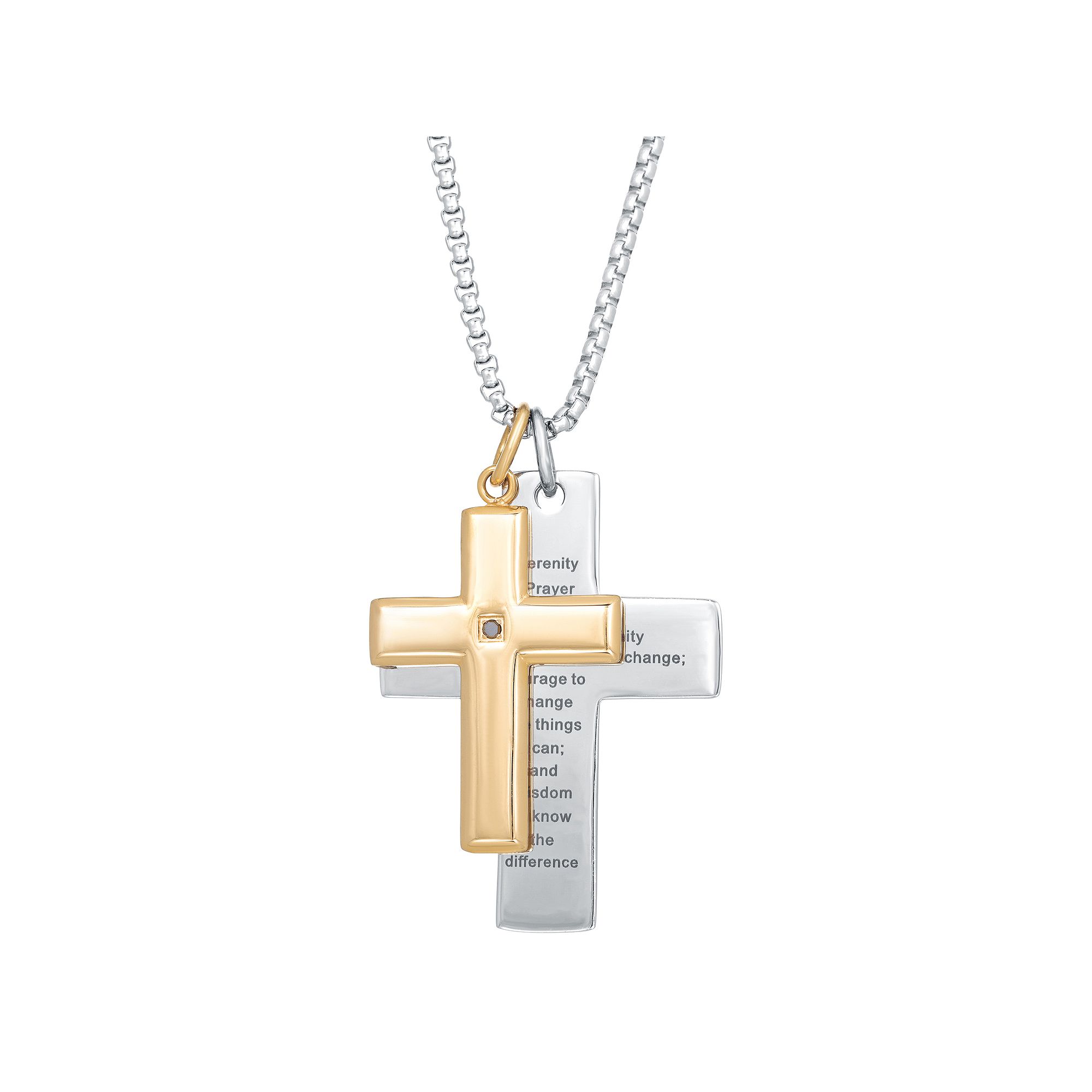 Mens LYNX Two Tone Stainless Steel Serenity Prayer Double Cross Penda