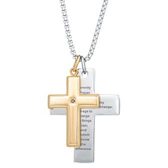 Men's LYNX Two Tone Stainless Steel "Serenity Prayer" Double Cross Pendant Necklace