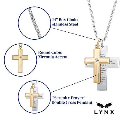 Men's LYNX Two Tone Stainless Steel "Serenity Prayer" Double Cross Pendant Necklace 