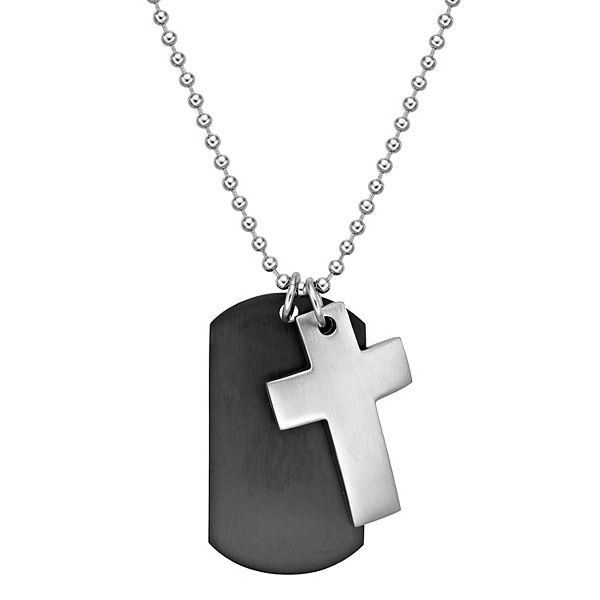 Men's LYNX Two Tone Stainless Steel Cross & Dog Tag Pendant Necklace