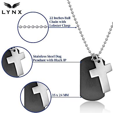 Men's LYNX Two Tone Stainless Steel Cross & Dog Tag Pendant Necklace