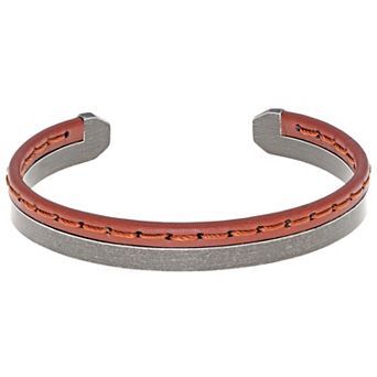 LYNX Men's Stainless Steel & Brown Leather Cuff Bangle Bracelet