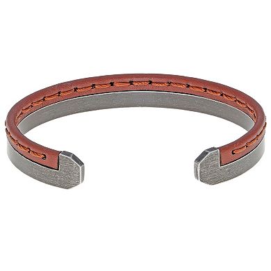 LYNX Men's Stainless Steel & Brown Leather Cuff Bangle Bracelet