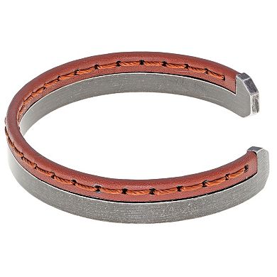 LYNX Men's Stainless Steel & Brown Leather Cuff Bangle Bracelet