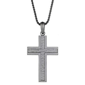 Men's LYNX Gray Ion-Plated Stainless Steel Hammered Cross Pendant Necklace