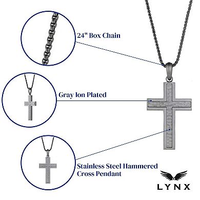 Men's LYNX Gray Ion-Plated Stainless Steel Hammered Cross Pendant Necklace