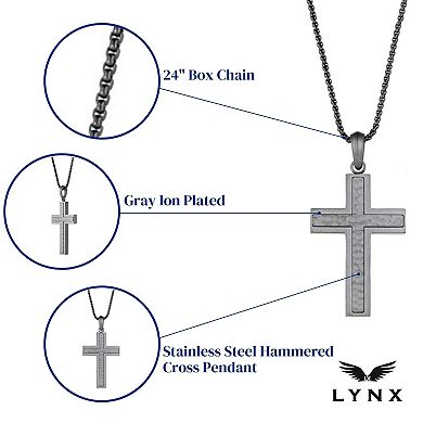Men's LYNX Gray Ion-Plated Stainless Steel Hammered Cross Pendant Necklace 