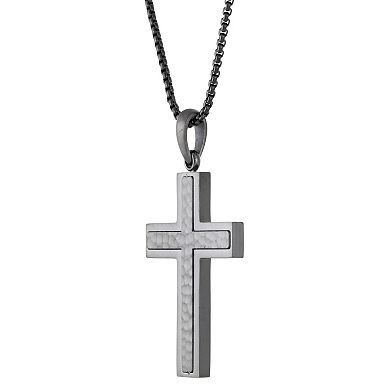 Men's LYNX Gray Ion-Plated Stainless Steel Hammered Cross Pendant Necklace