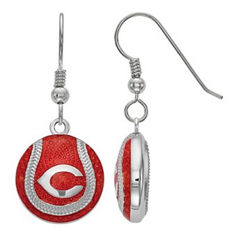 LogoArt Sterling Silver Cincinnati Reds Enameled Baseball Drop Earrings