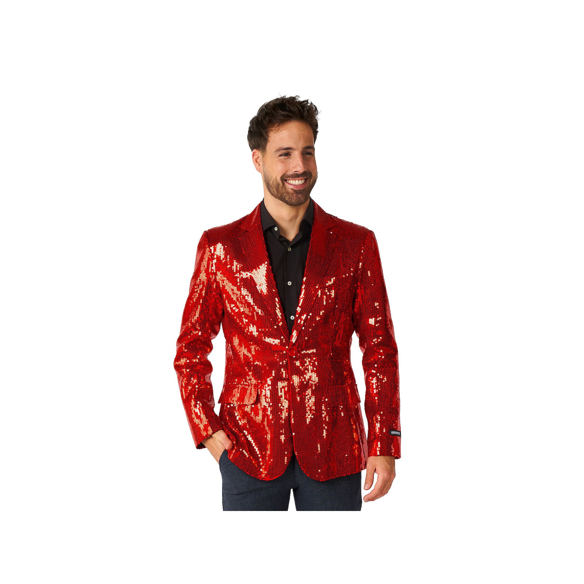 Mens Suitmeister Sequins Red Shiny Slim-Fit Christmas Party Blazer, Size: 